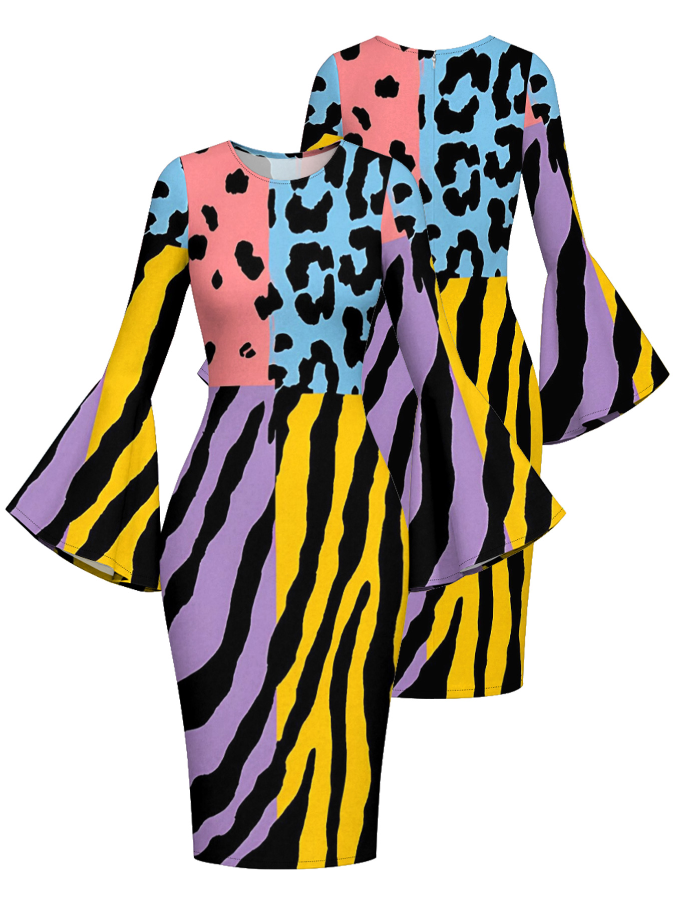 Multicolor Animal Flare Sleeve Bodycon Midi Dress CEF2564