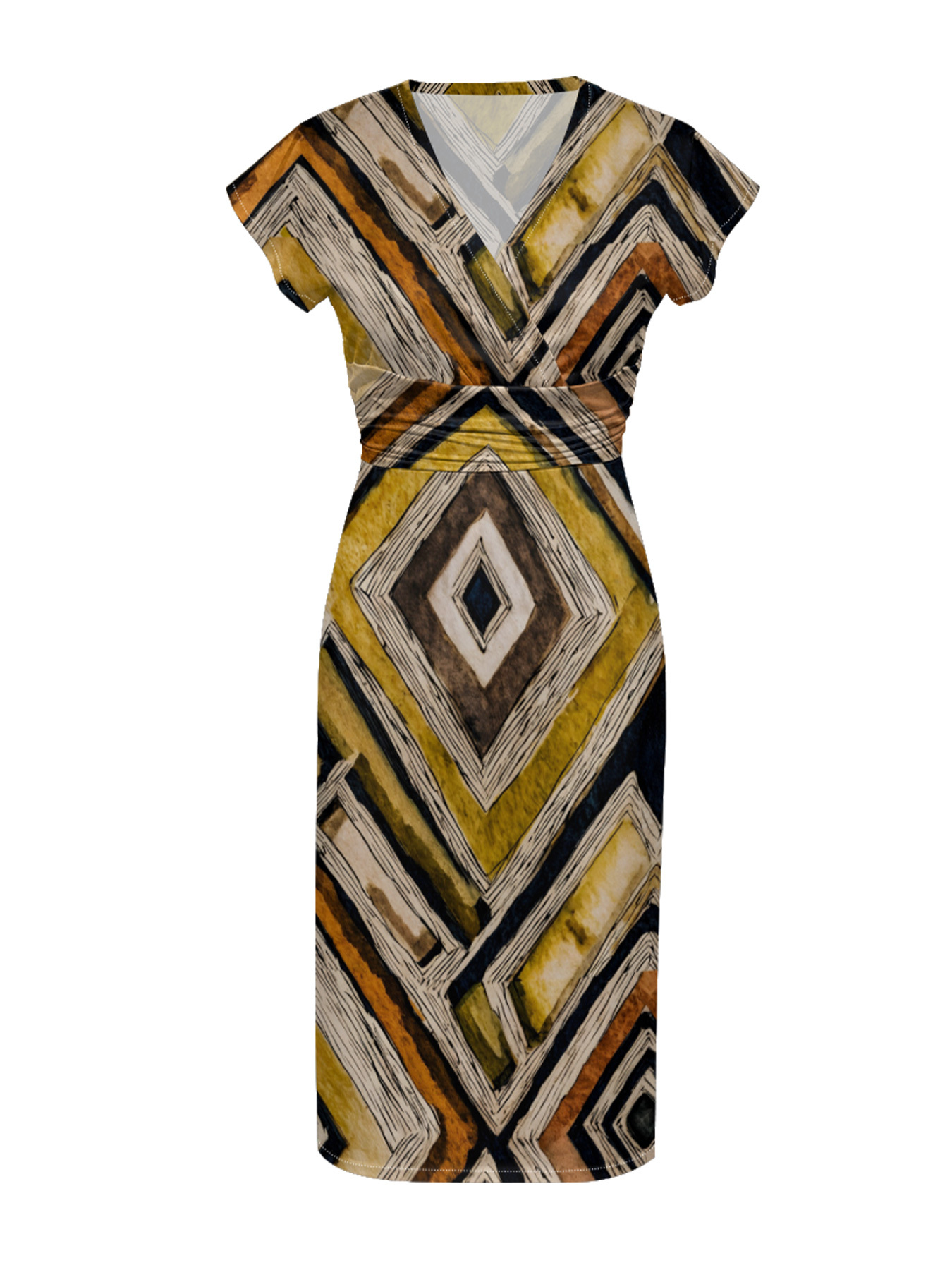 Geometric Diamond Cap Sleeve V-Neck Midi Dress