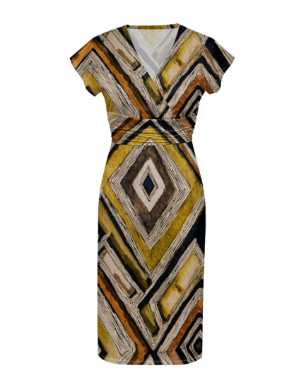 Geometric Diamond Cap Sleeve V-Neck Midi Dress