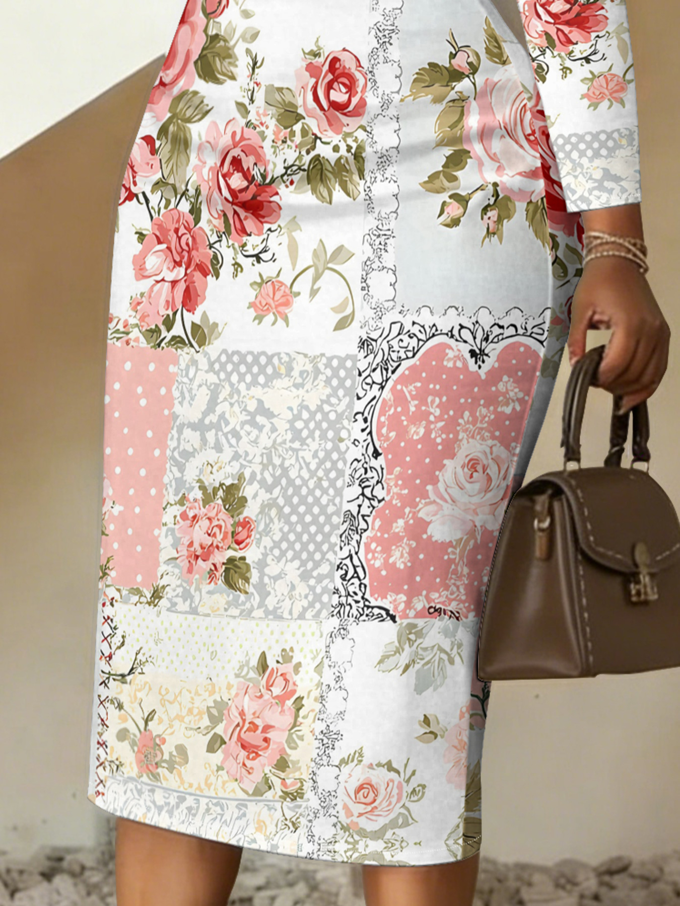 Vintage Patchwork V-Neck Bodycon Midi Dress