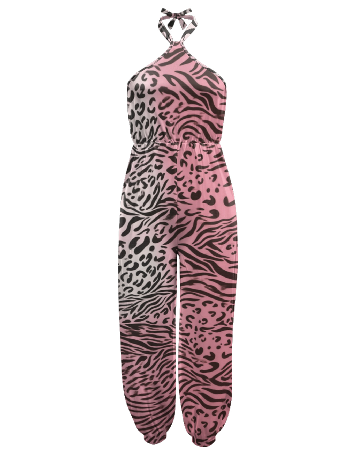 Pink Gradient Zebra-Leopard Sleeveless Halter Jumpsuit