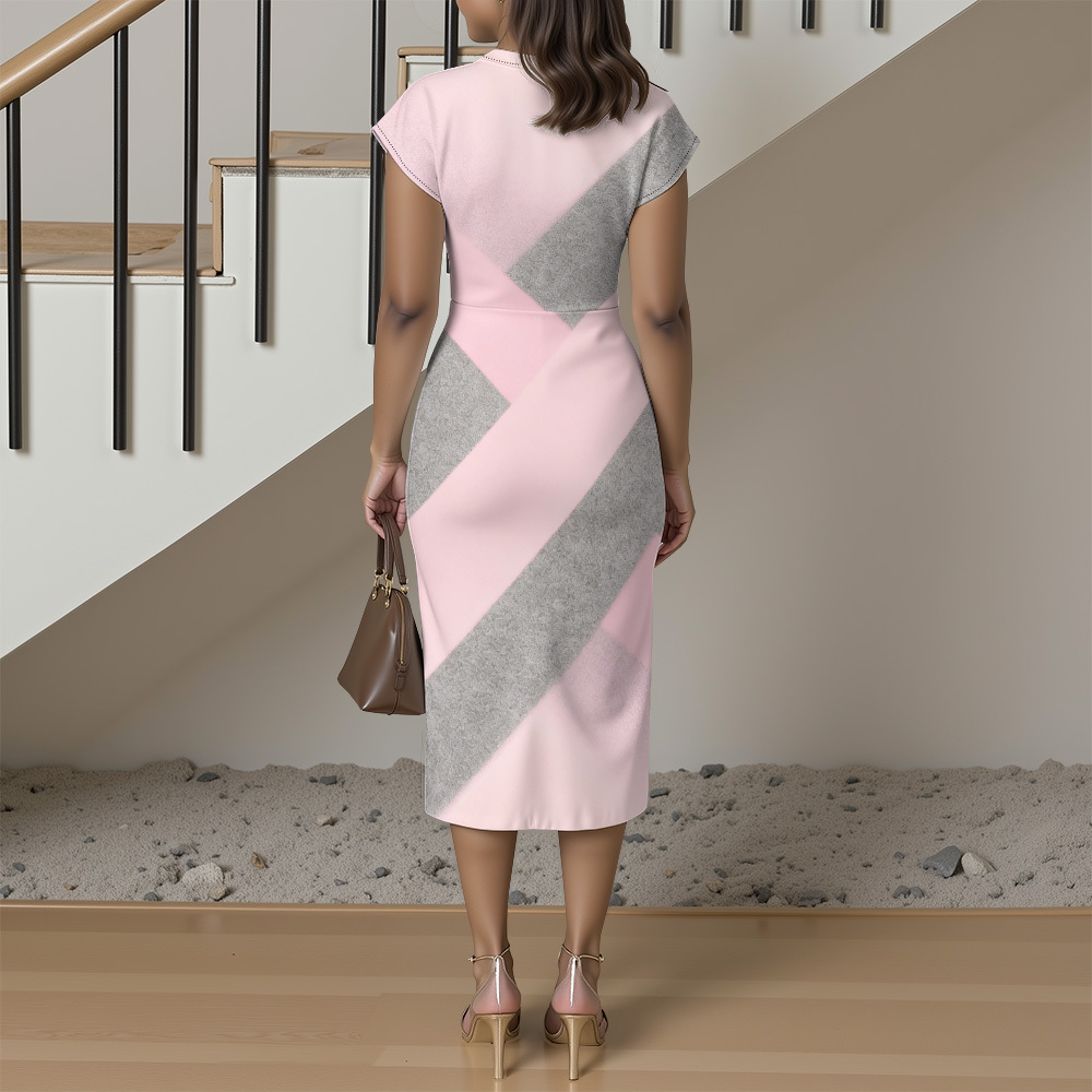 Pink & Gray Colorblock Cap Sleeve V-Neck Midi Dress ABD124