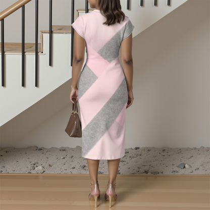 Pink & Gray Colorblock Cap Sleeve V-Neck Midi Dress ABD124