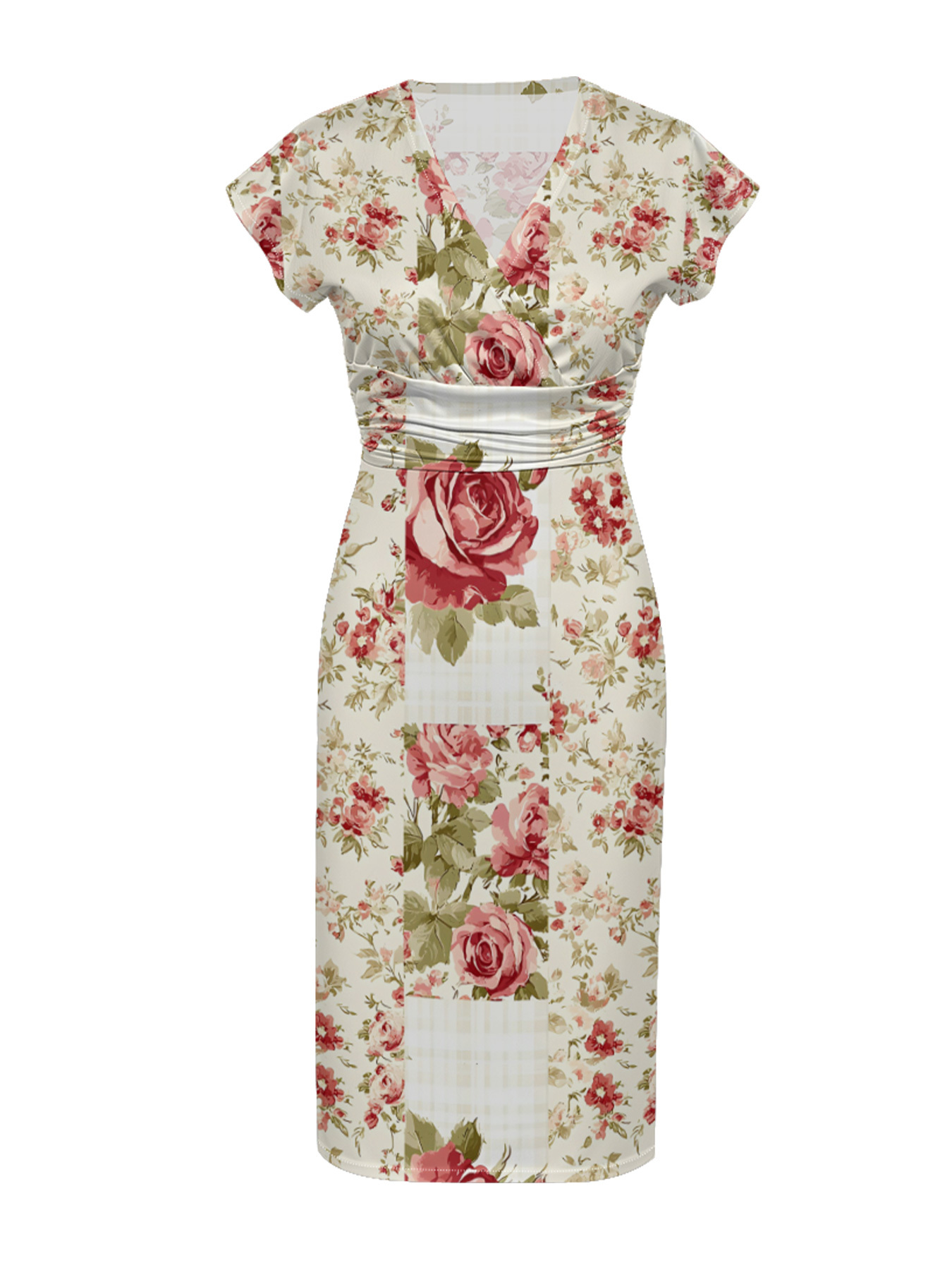 Vintage Rose Patchwork Cap Sleeve V-Neck Midi Dress IUO6821