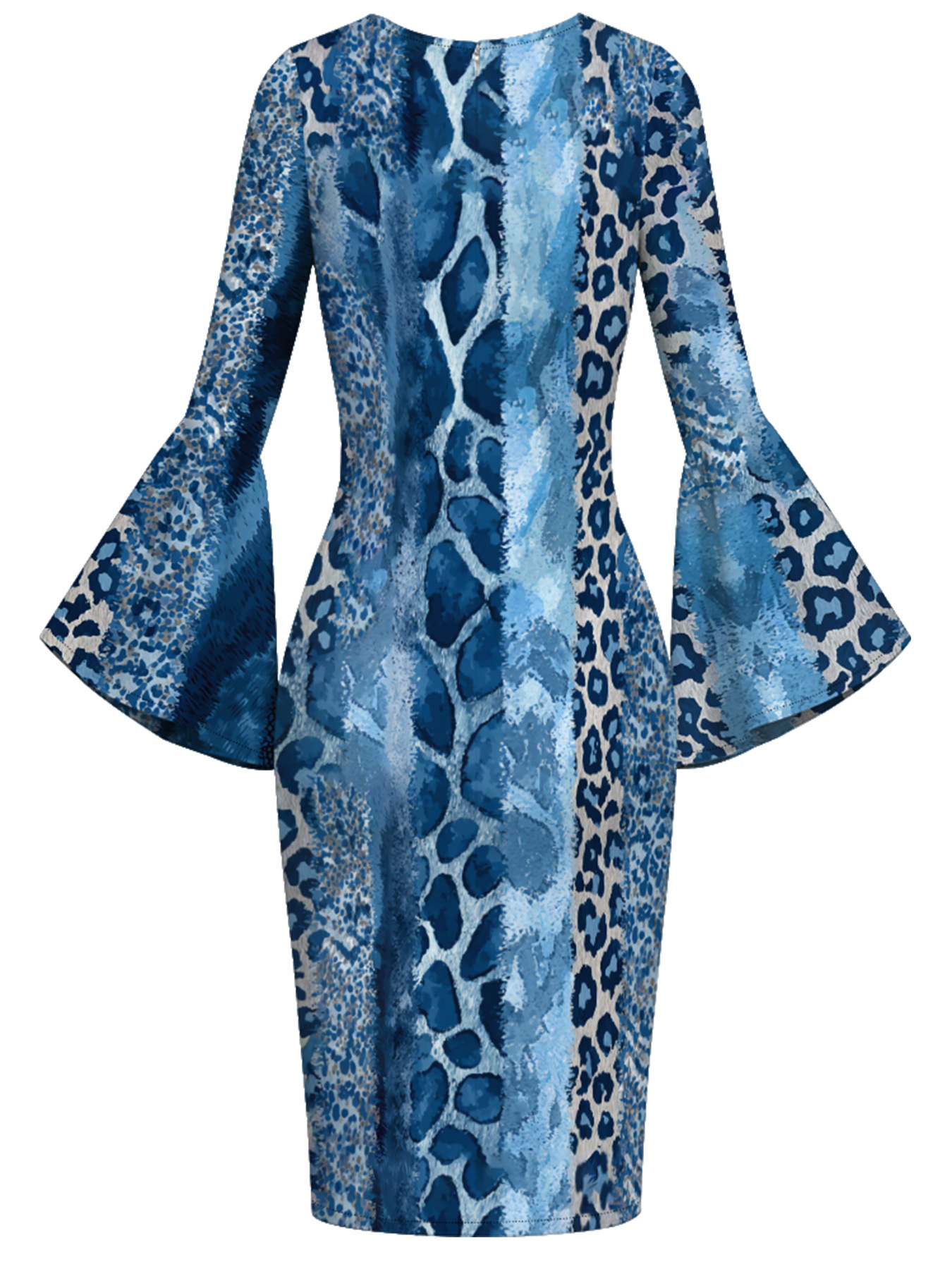 Blue Watercolor Animal Flare Sleeve Bodycon Midi Dress