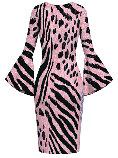 Pink Zebra Stripes Flare Sleeve Bodycon Midi Dress BDF1453