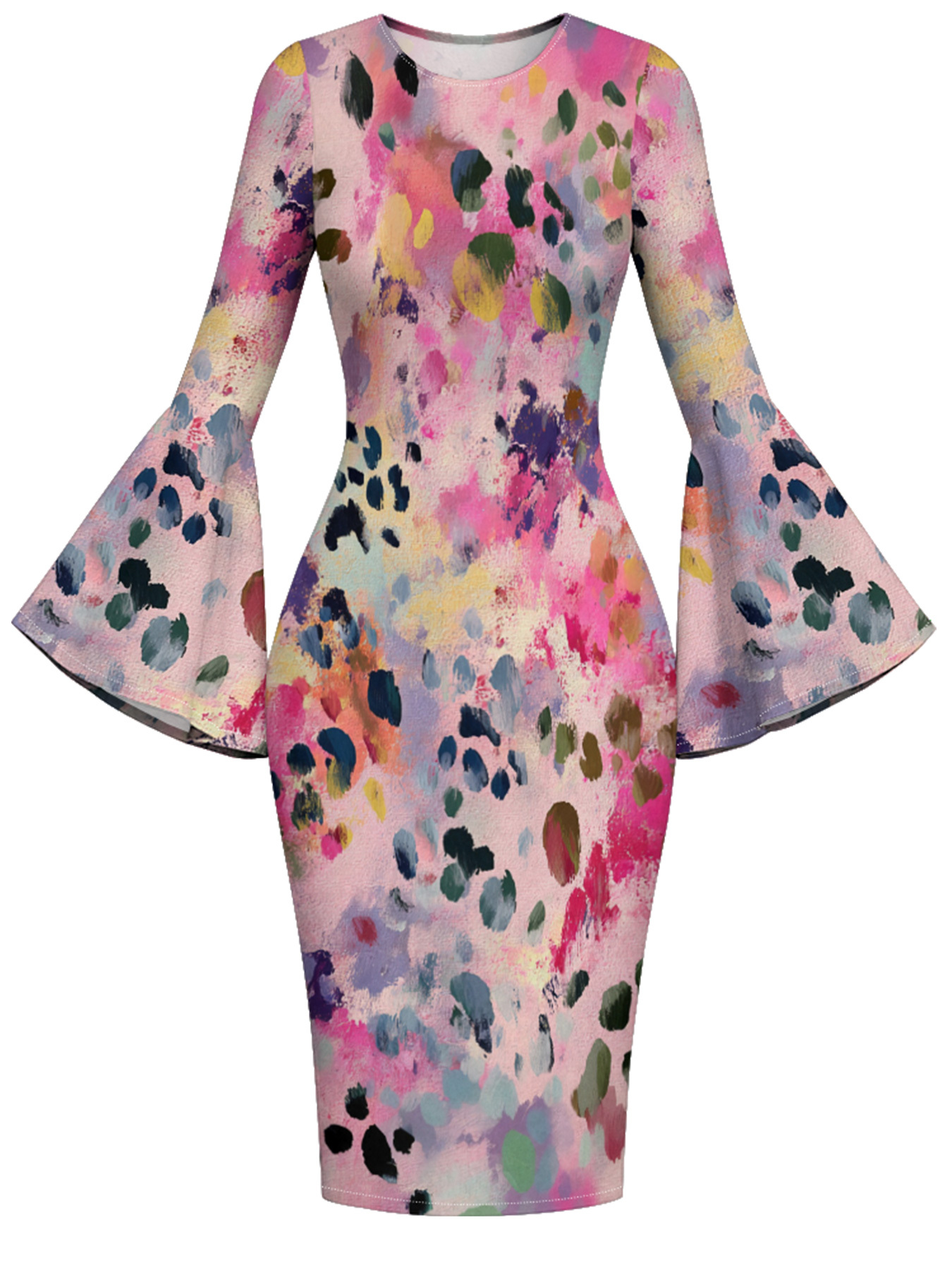 Multicolor Watercolor Flare Sleeve Bodycon Midi Dress MNO4786