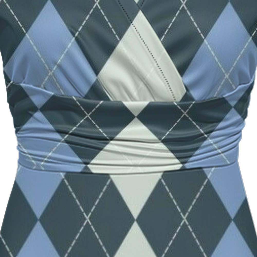 Blue & White Argyle Cap Sleeve V-Neck Midi Dress VUS705