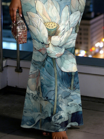 Blue & White Watercolor Lotus Spaghetti Strap Mermaid Dress JLN6318