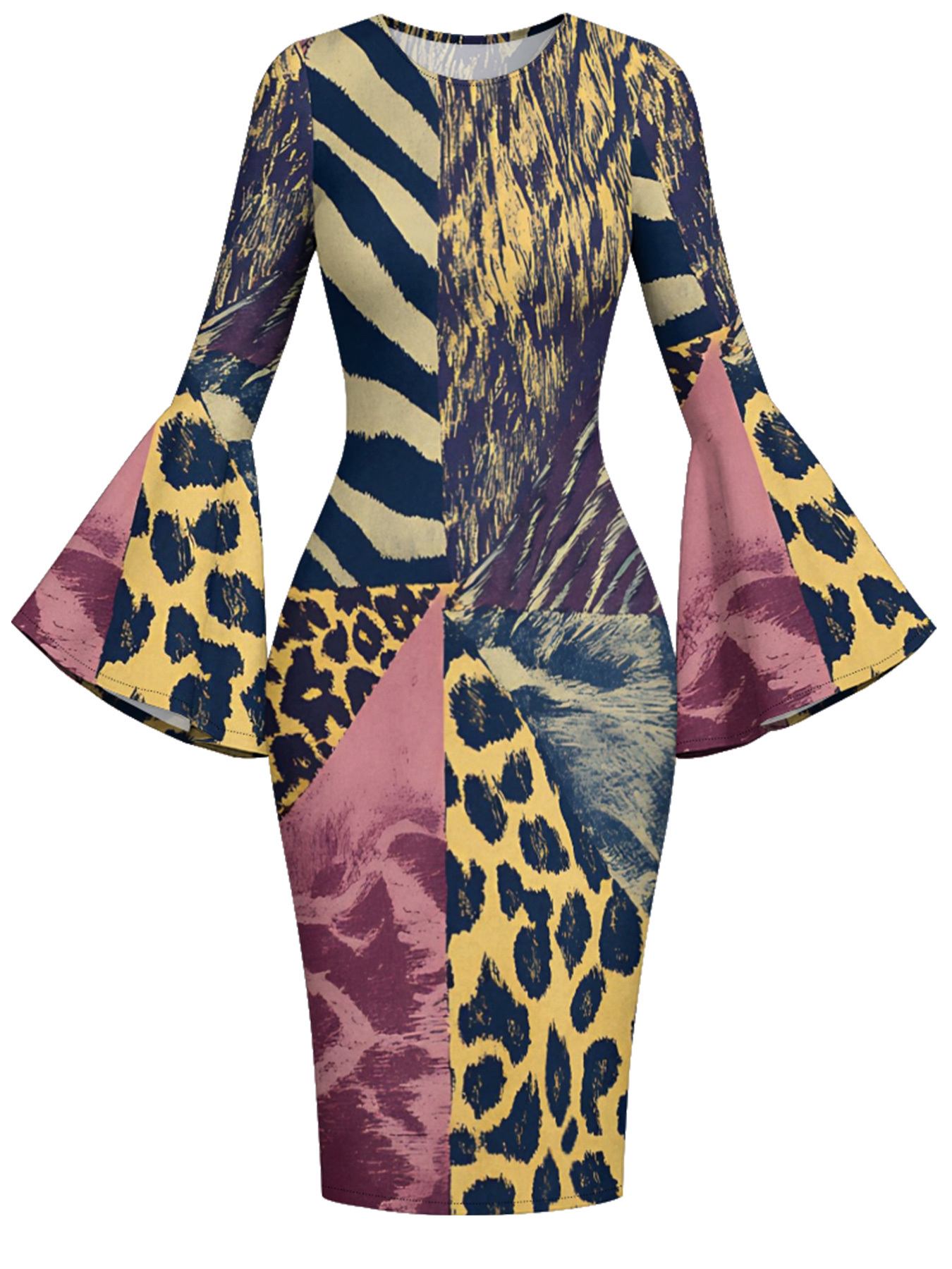 Mixed Animal Flare Sleeve Bodycon Midi Dress EFG4786