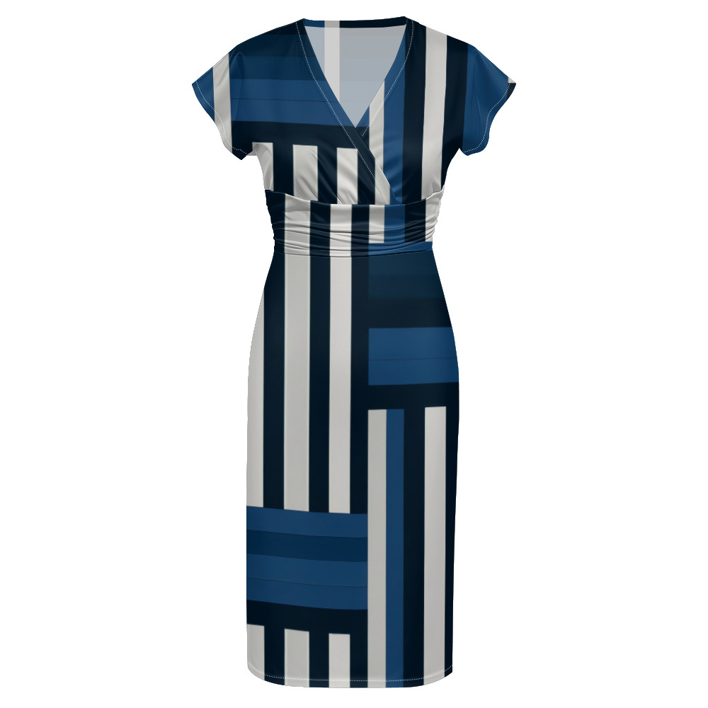Navy Blue & White Geometric Stripe Striped Cap Sleeve V-Neck Midi Dress ABG134
