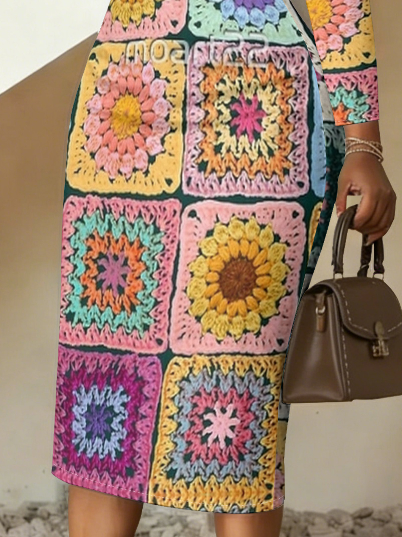 Boho Crochet Patchwork V-Neck Bodycon Midi Dress QFS1685