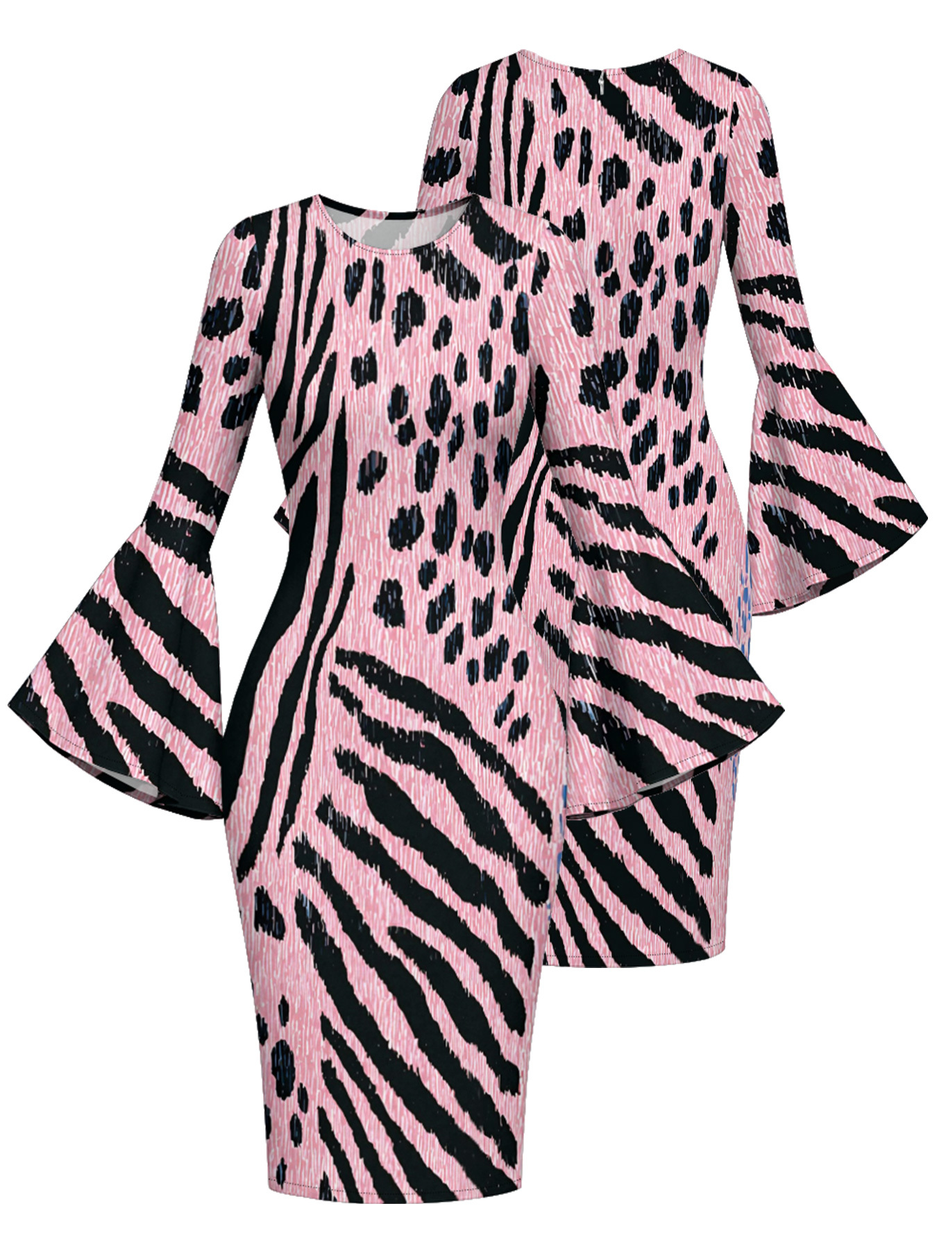Pink Zebra Stripes Flare Sleeve Bodycon Midi Dress BDF1453