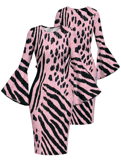 Pink Zebra Stripes Flare Sleeve Bodycon Midi Dress BDF1453