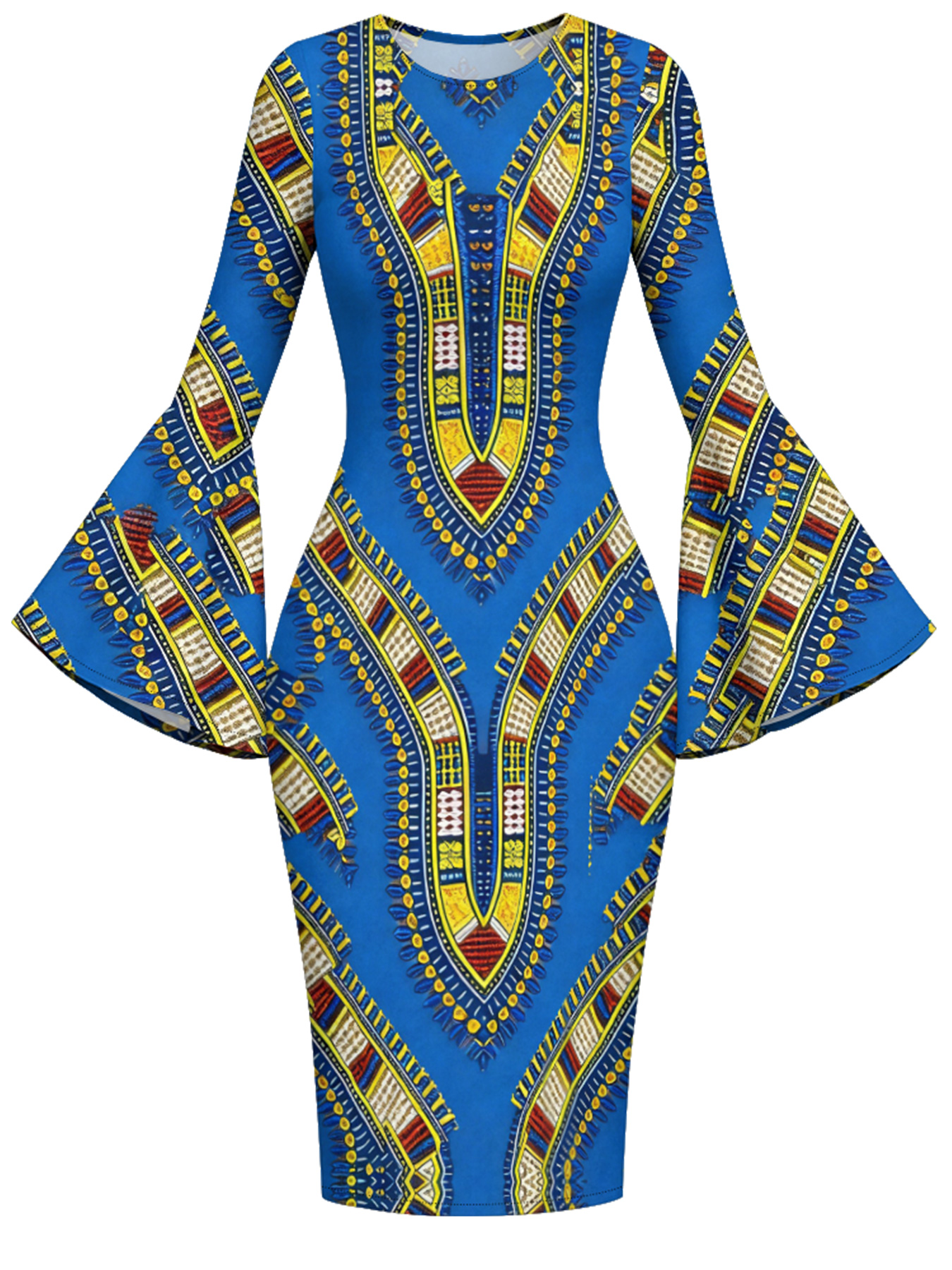 Blue Dashiki Flare Sleeve Bodycon Midi Dress IOJ85689