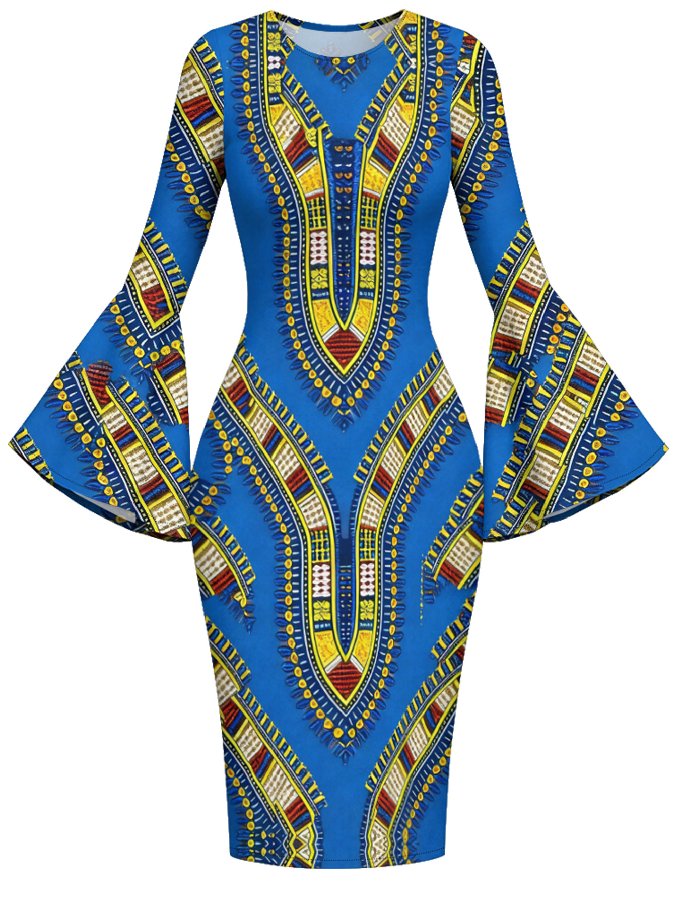 Blue Dashiki Flare Sleeve Bodycon Midi Dress IOJ85689
