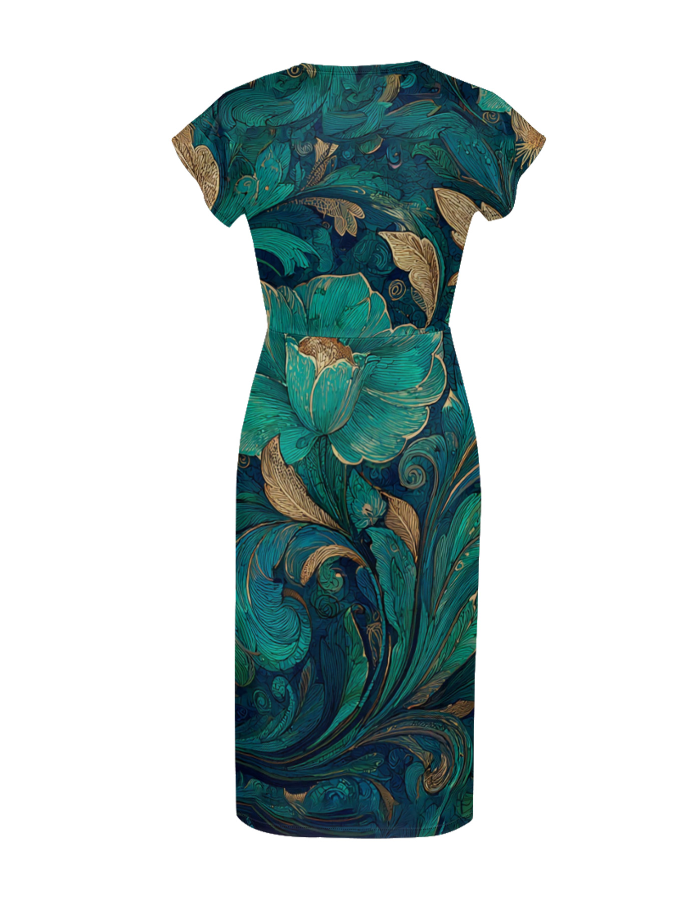 Teal & Gold Botanical Cap Sleeve V-Neck Midi Dress