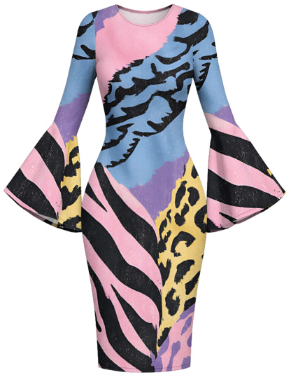 Multicolor Watercolor Animal Flare Sleeve Bodycon Midi Dress DEG3675