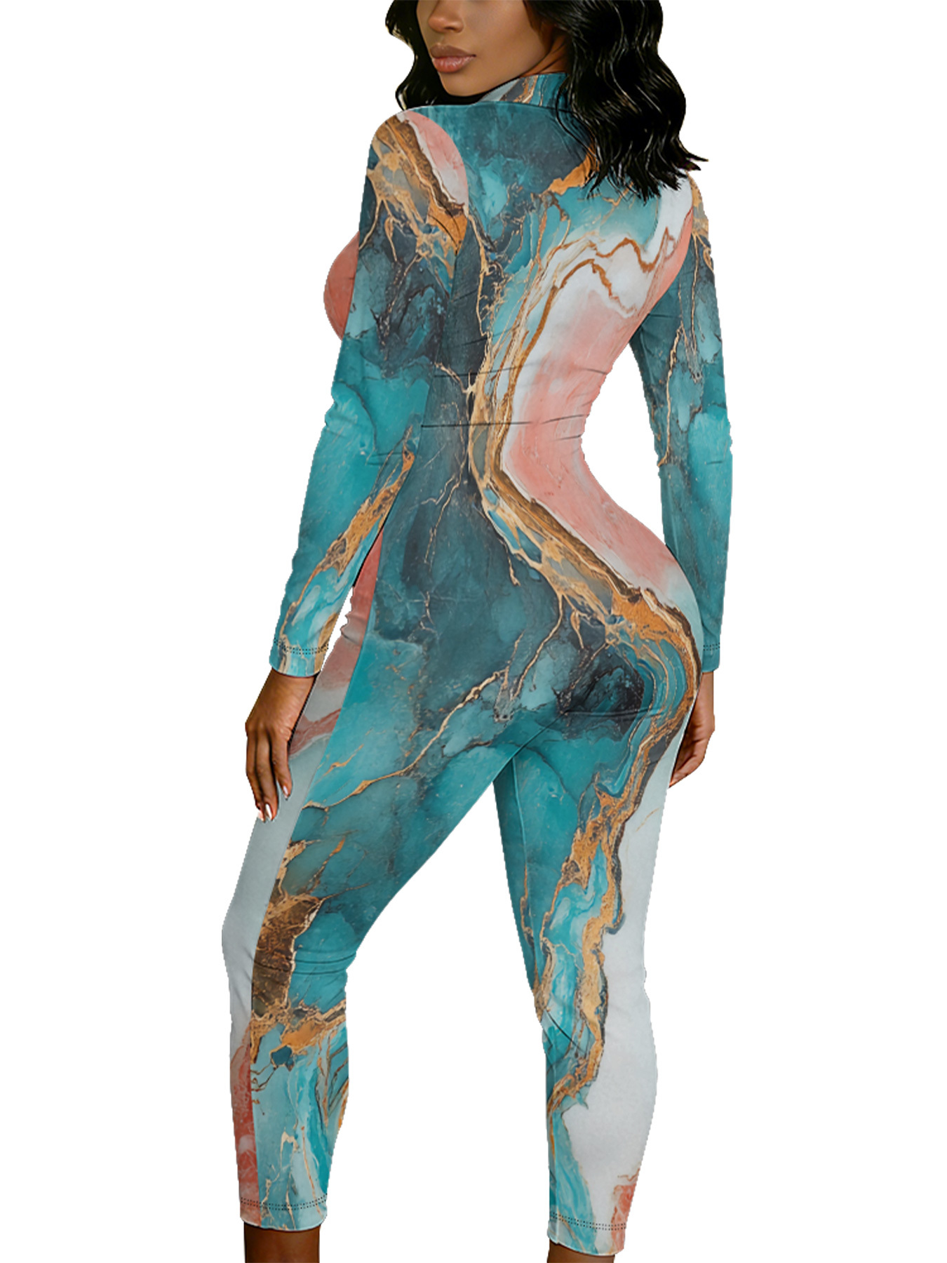 Teal & Gold Marble Long Sleeve Zip-Up Jumpsuit 