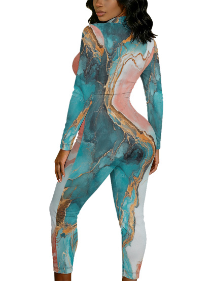 Teal & Gold Marble Long Sleeve Zip-Up Jumpsuit 
