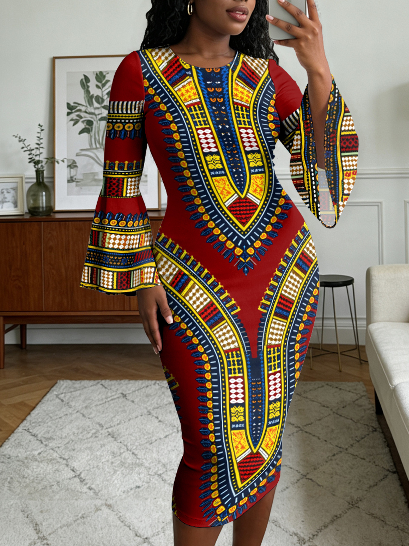Red Dashiki Flare Sleeve Bodycon Midi Dress