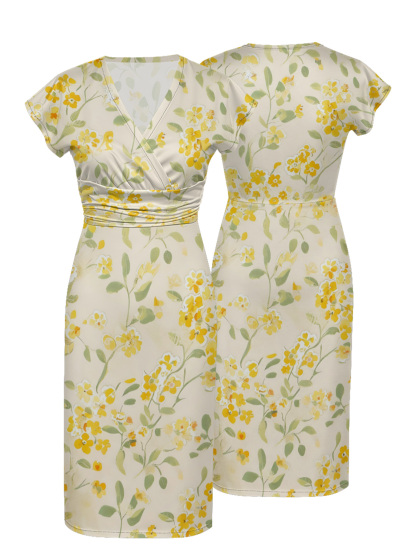 Yellow Floral Watercolor Cap Sleeve V-Neck Midi Dress