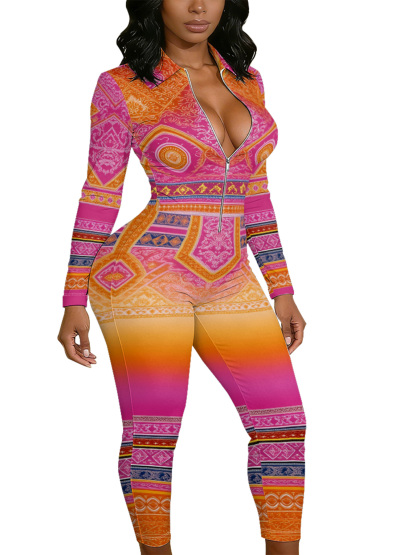 Pink Orange Boho Tribal Long Sleeve Zip-Up Jumpsuit 