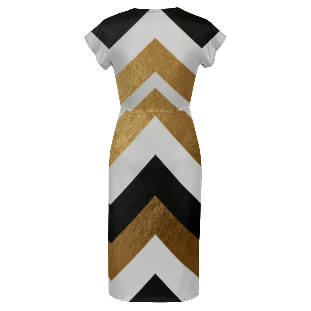 Gold Black White Chevron Cap Sleeve V-Neck Midi Dress ABE125