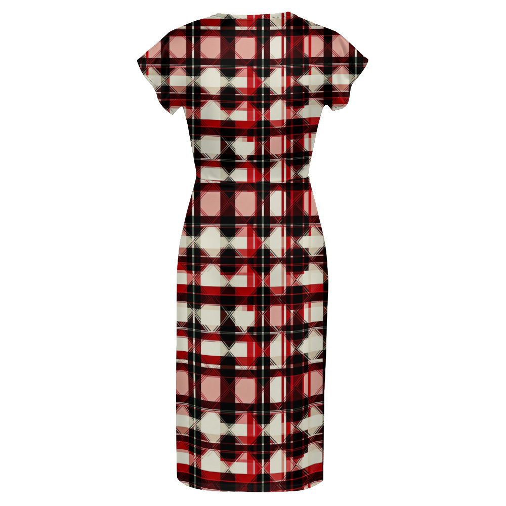Red & Black Plaid Cap Sleeve V-Neck Midi Dress ZYR906