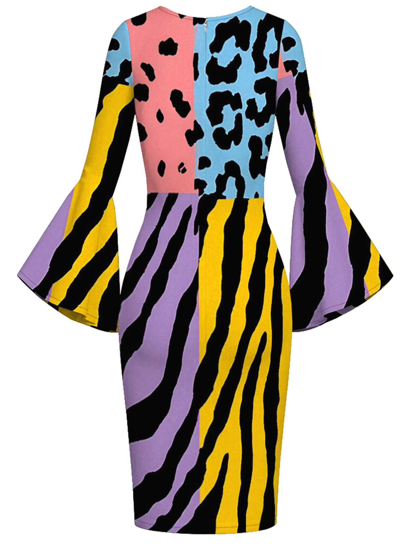Multicolor Animal Flare Sleeve Bodycon Midi Dress CEF2564
