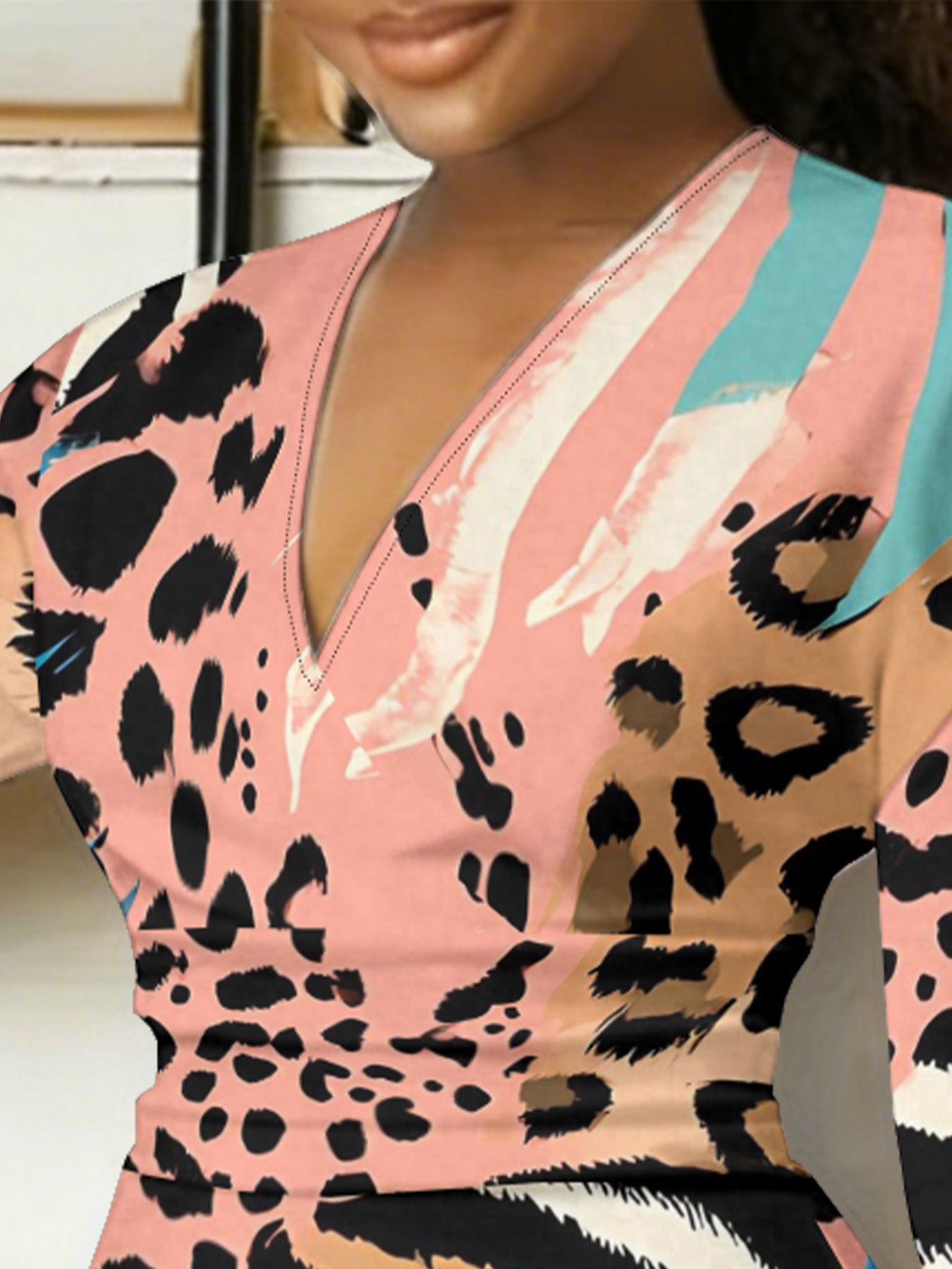 Pink Multi-Animal Tropical V-Neck Bodycon Midi Dress ZYX975