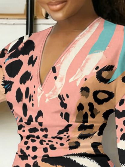 Pink Multi-Animal Tropical V-Neck Bodycon Midi Dress ZYX975