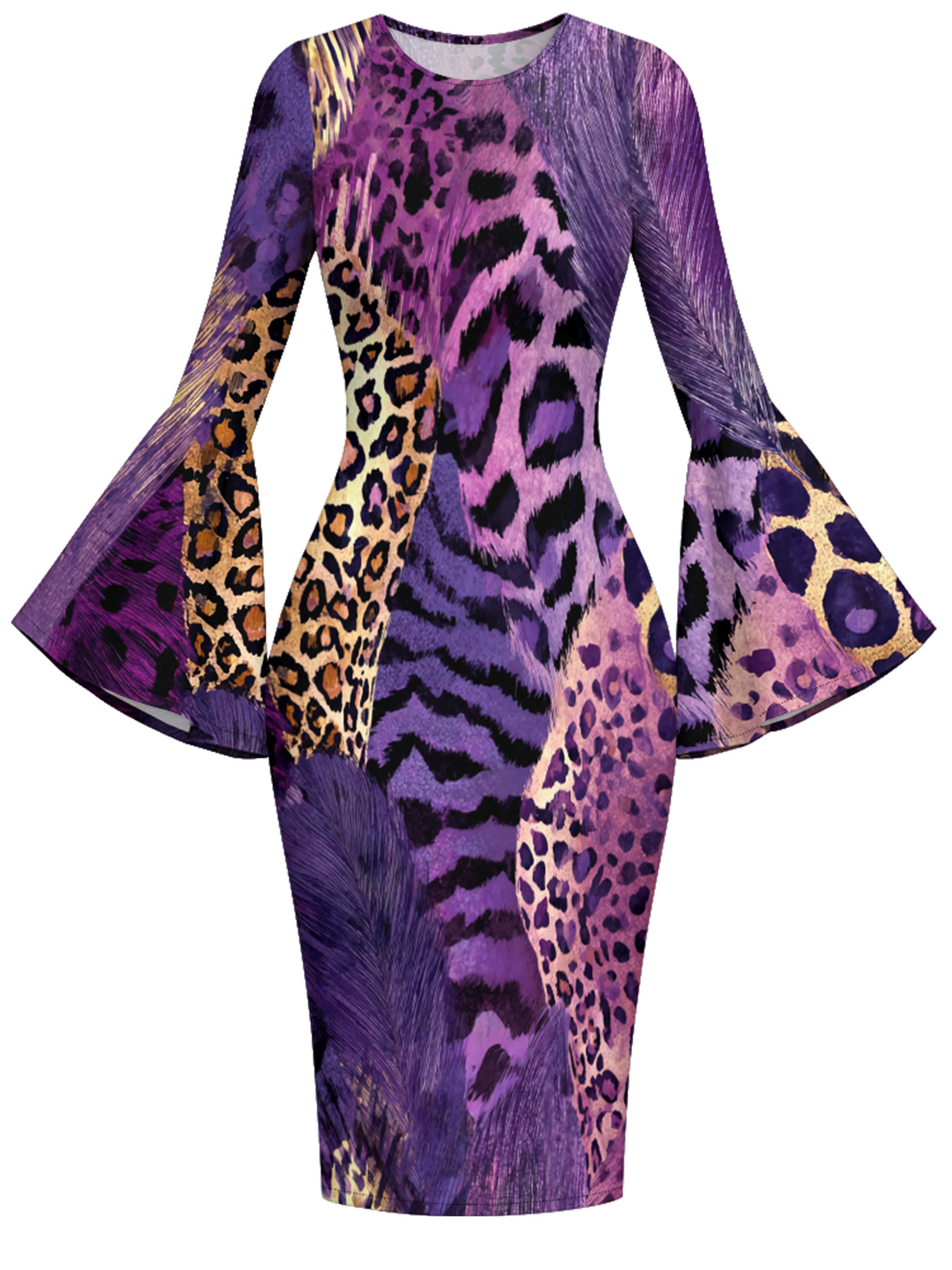 Purple Mixed Animal Print Flare Sleeve Bodycon Midi Dress