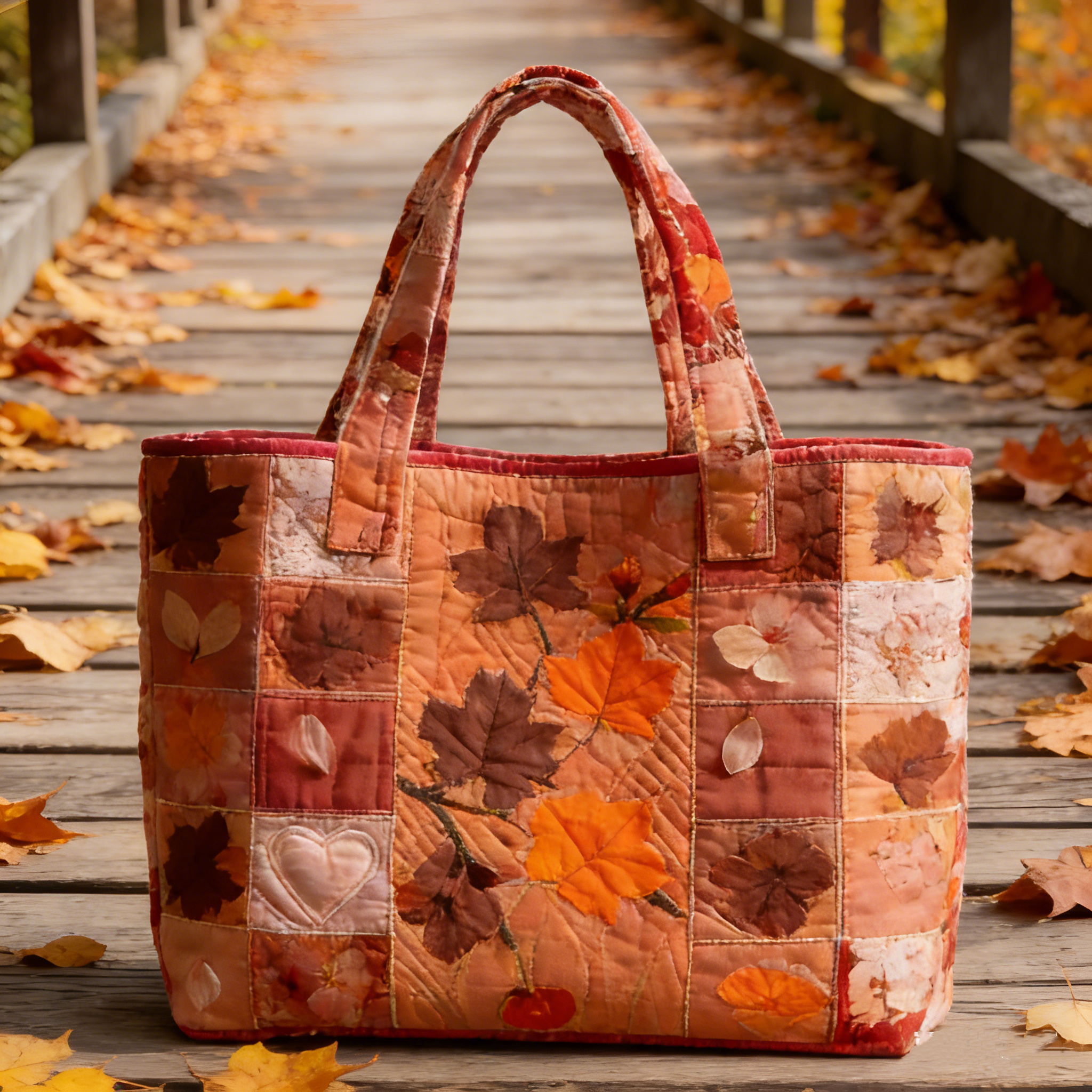 Autumn Leaf & Heart Quilted Tote Bag aotz1735