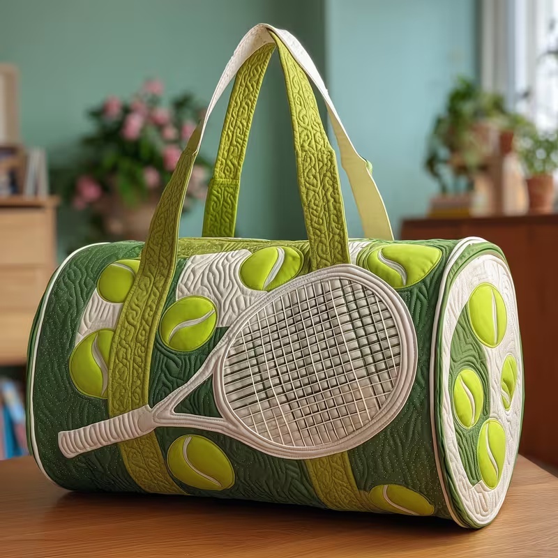 Lime Green & White Tennis Racket Quilted Duffle Bag