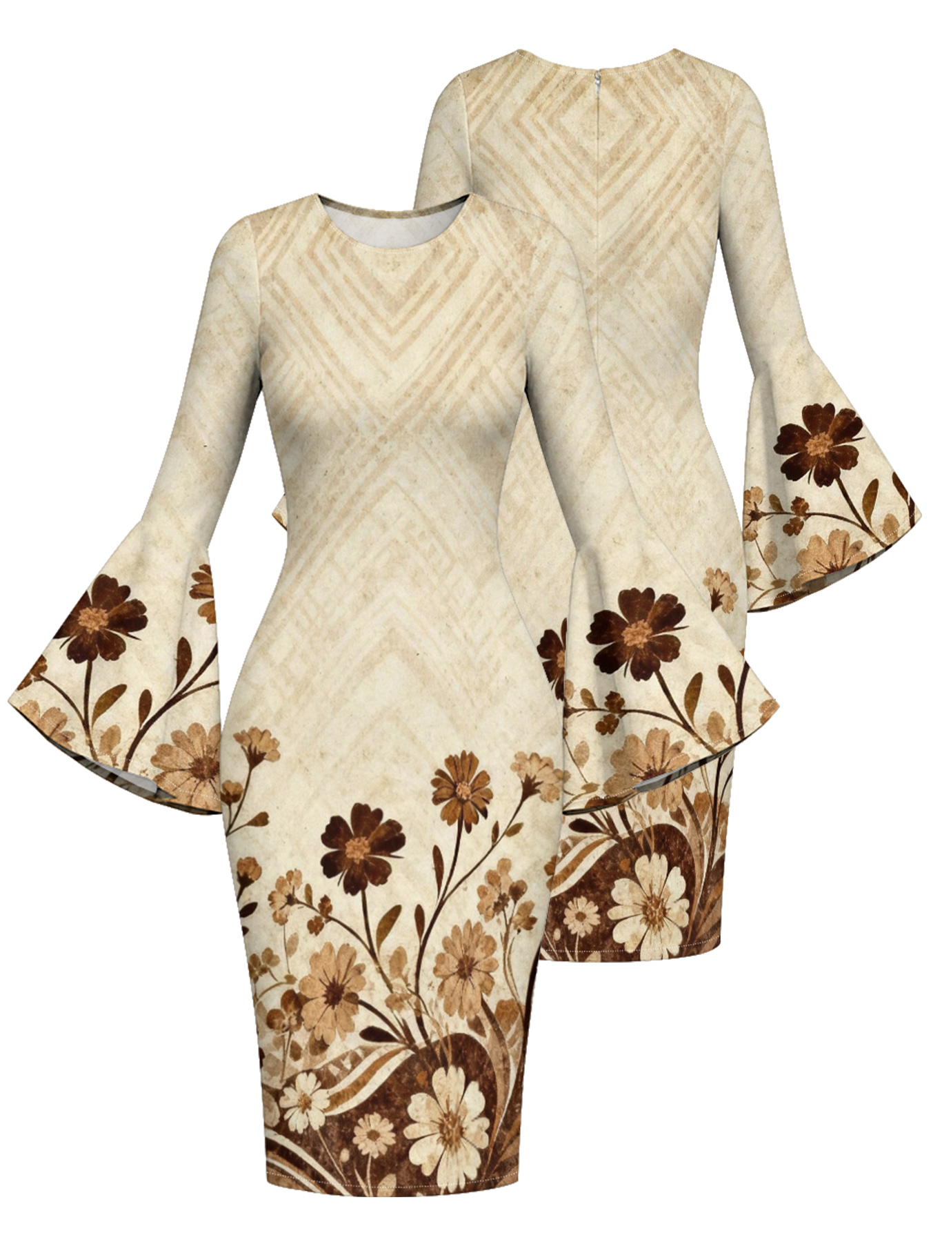 Beige Chevron Floral Flare Sleeve Bodycon Midi Dress FED951