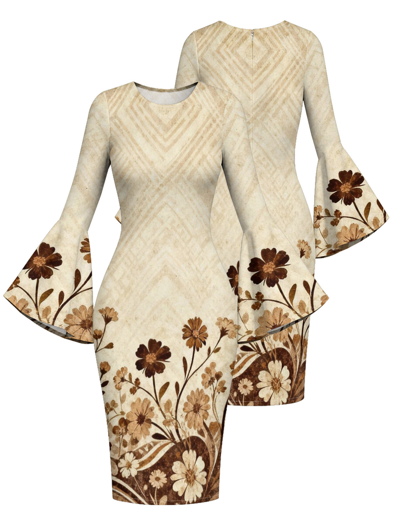 Beige Chevron Floral Flare Sleeve Bodycon Midi Dress FED951