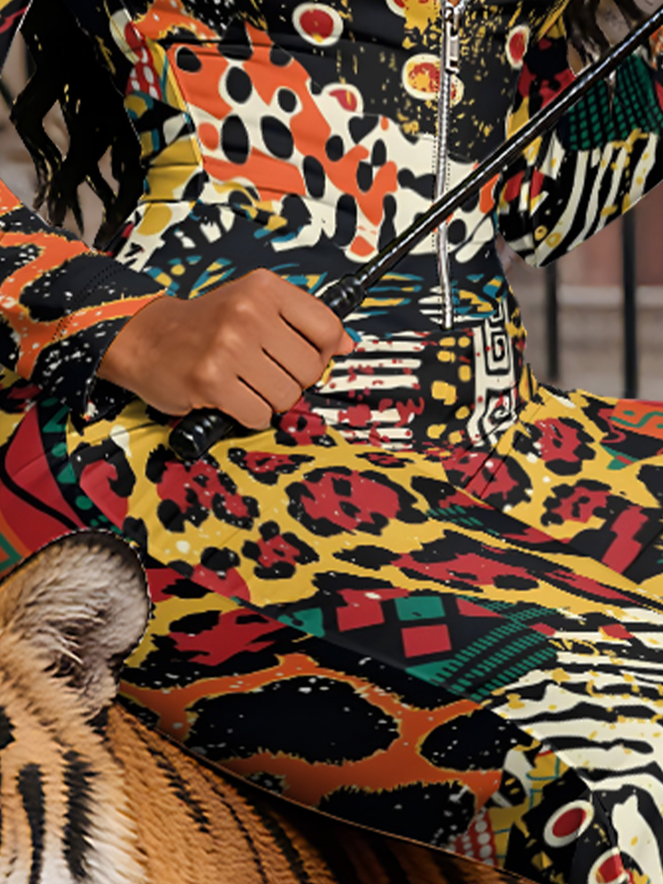 Multicolor Tribal Animal Long Sleeve Zip-Up Jumpsuit 
