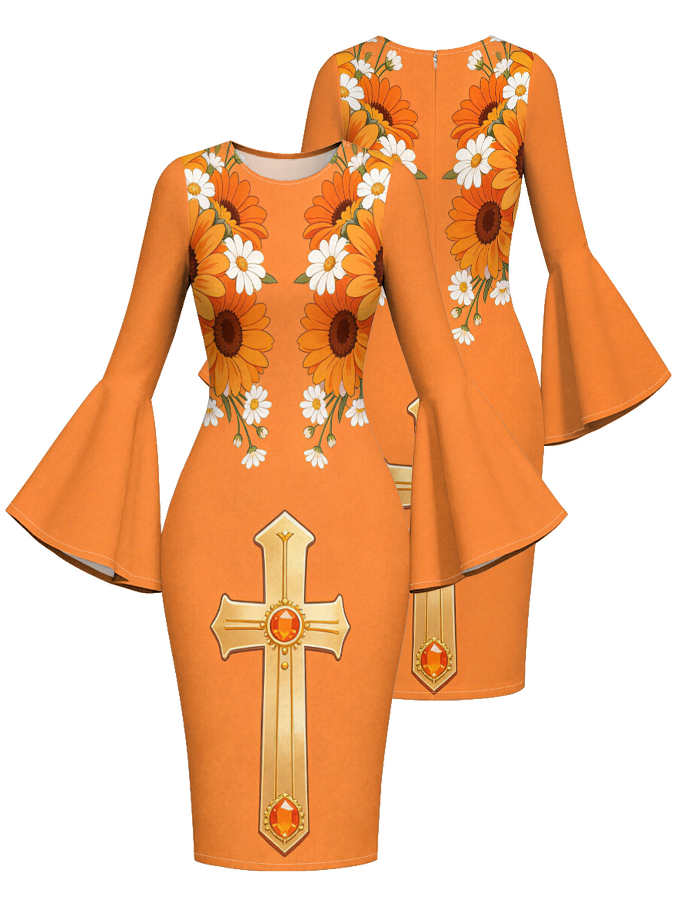 Sunny Orange Gem Cross Easter Flare Sleeve Bodycon Midi Dress