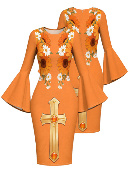 Sunny Orange Gem Cross Easter Flare Sleeve Bodycon Midi Dress