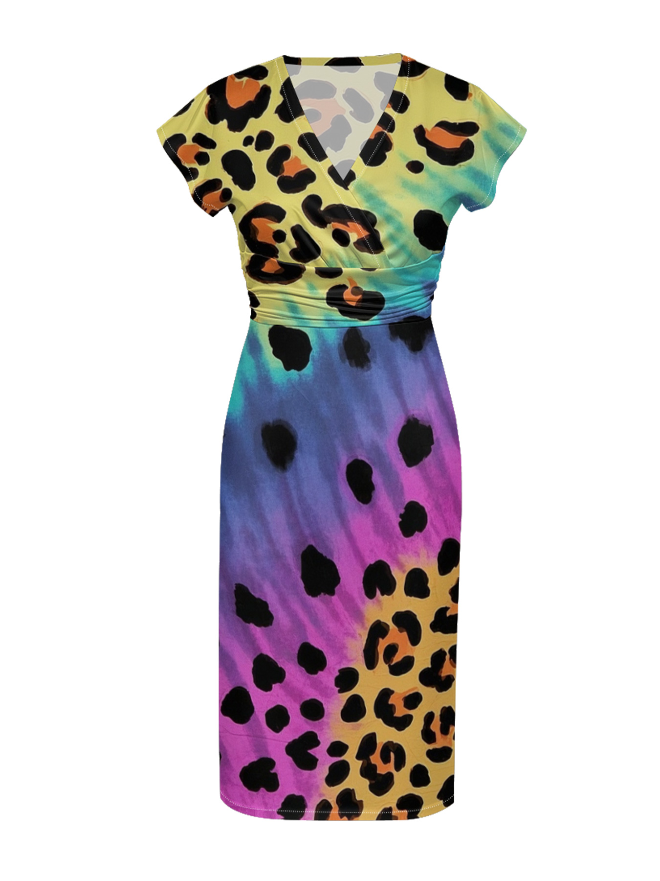 Rainbow Gradient Cap Sleeve V-Neck Midi Dress IUOP089