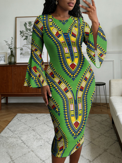 Green Dashiki Print Bell Flare Sleeve Bodycon Midi Dress