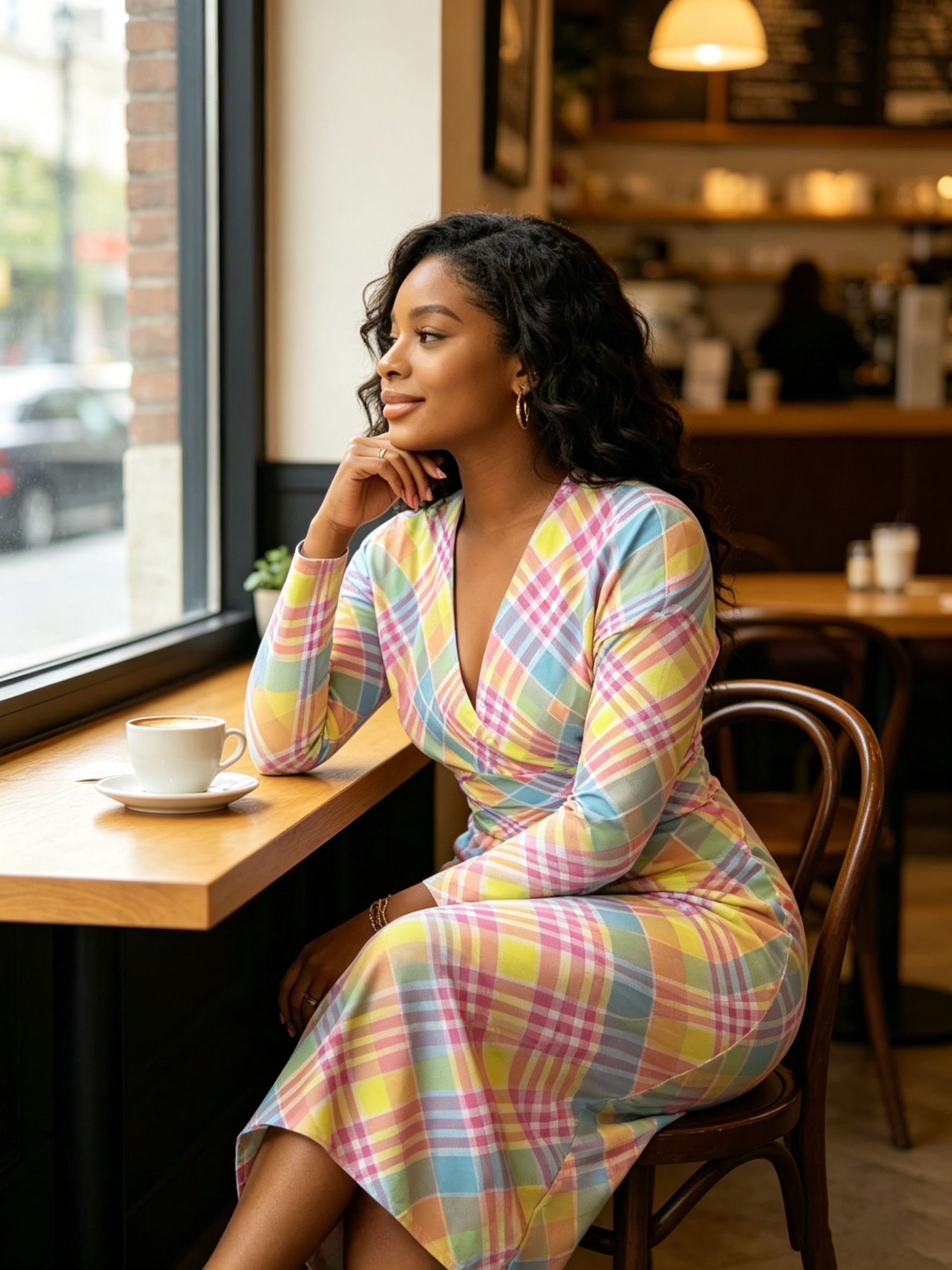 Pastel Plaid V-Neck Bodycon Midi Dress