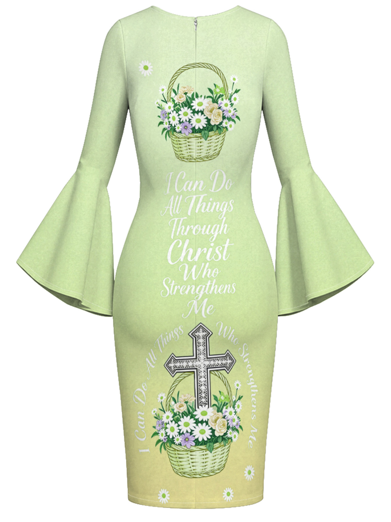 Light Green Floral Basket Cross Easter Flare Sleeve Bodycon Midi Dress