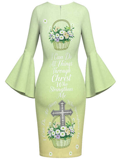 Light Green Floral Basket Cross Easter Flare Sleeve Bodycon Midi Dress