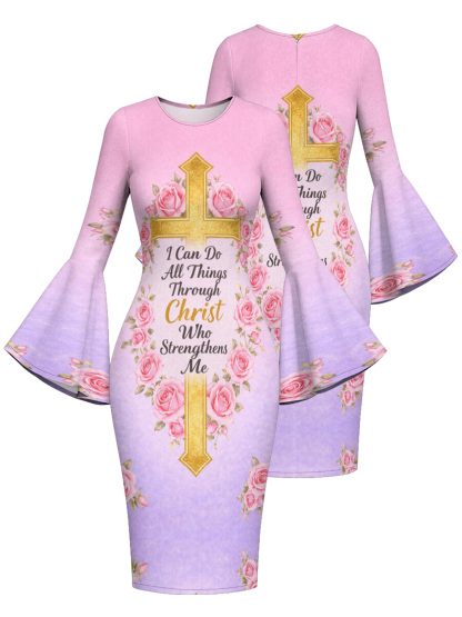 Pink Rose Gold Cross Christian Flare Sleeve Bodycon Midi Dress
