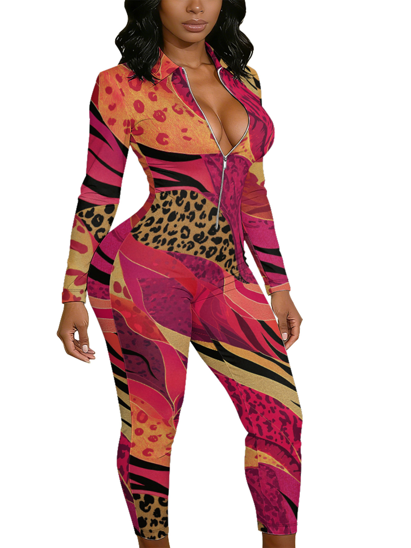 Pink & Orange Leopard Stripe Long Sleeve Zip-Up Jumpsuit 