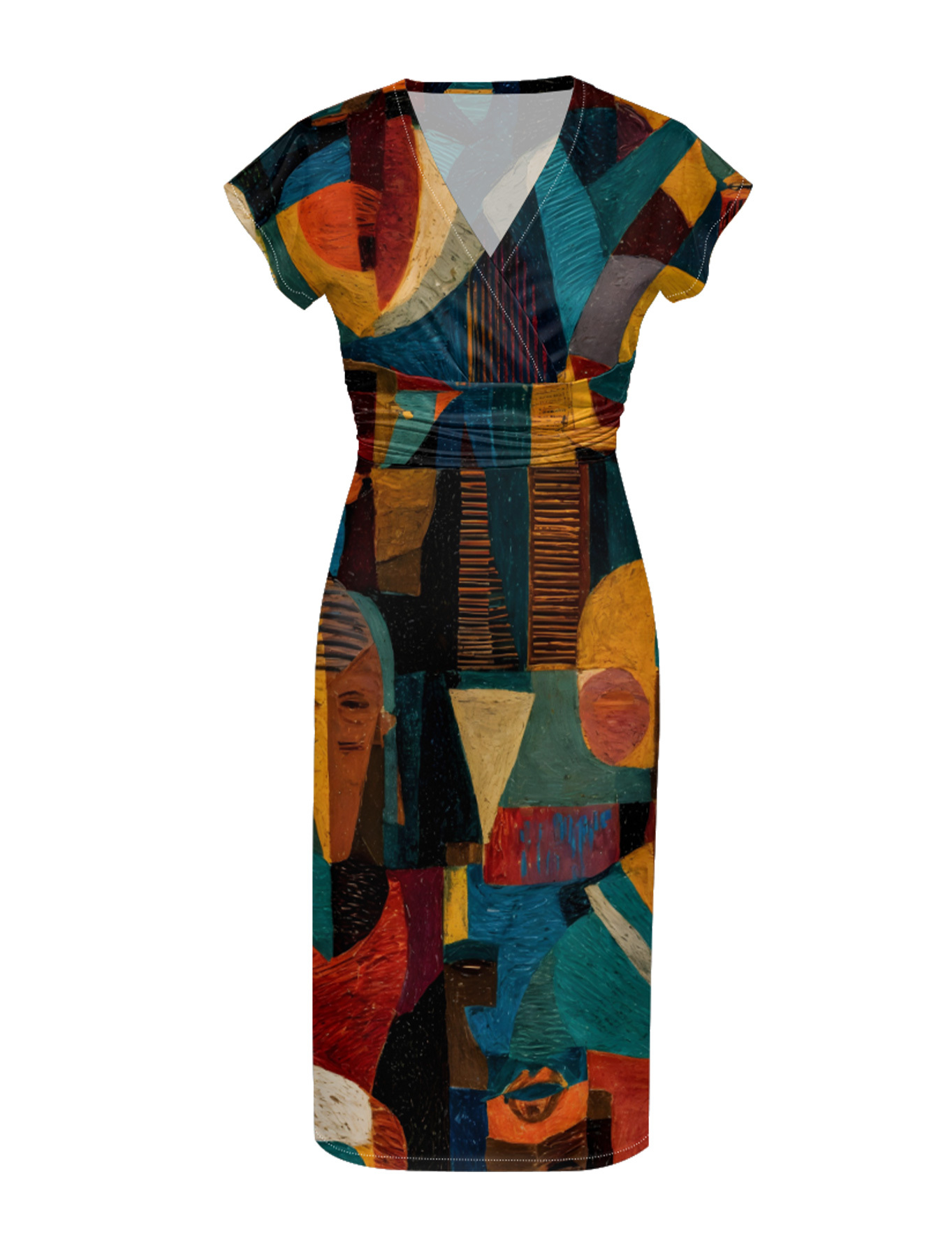 Cubist Print Cap Sleeve V-Neck Midi Dress