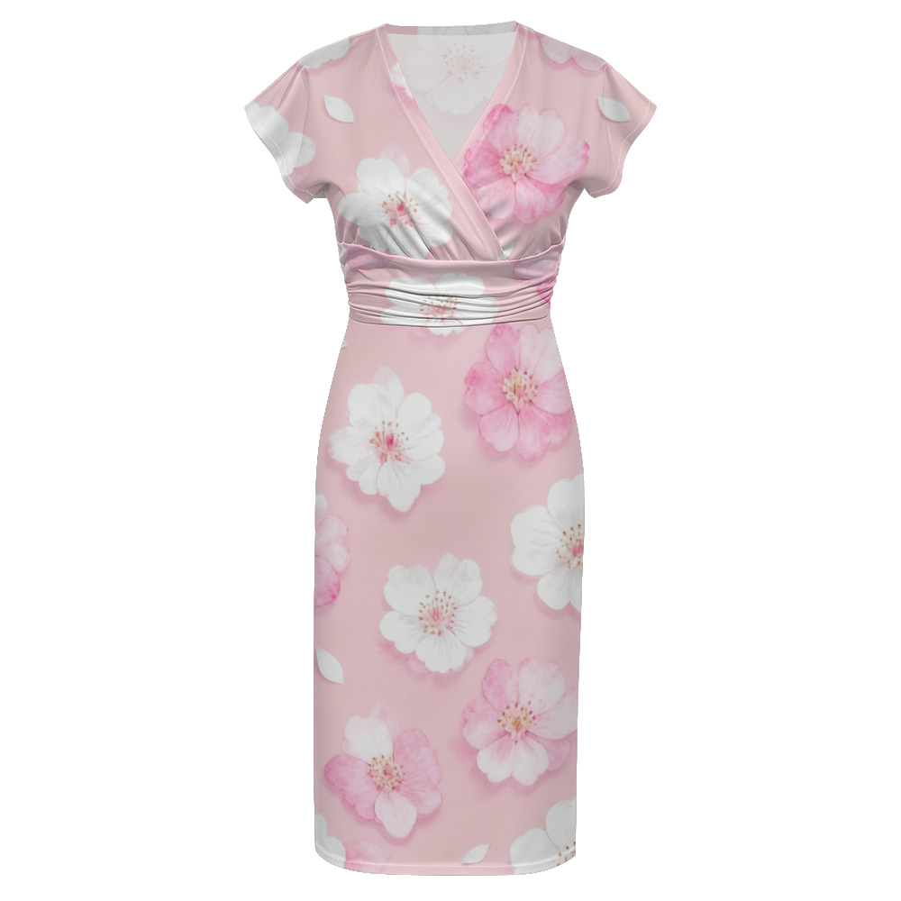 Pink Floral Cap Sleeve V-Neck Midi Dress HMQX364