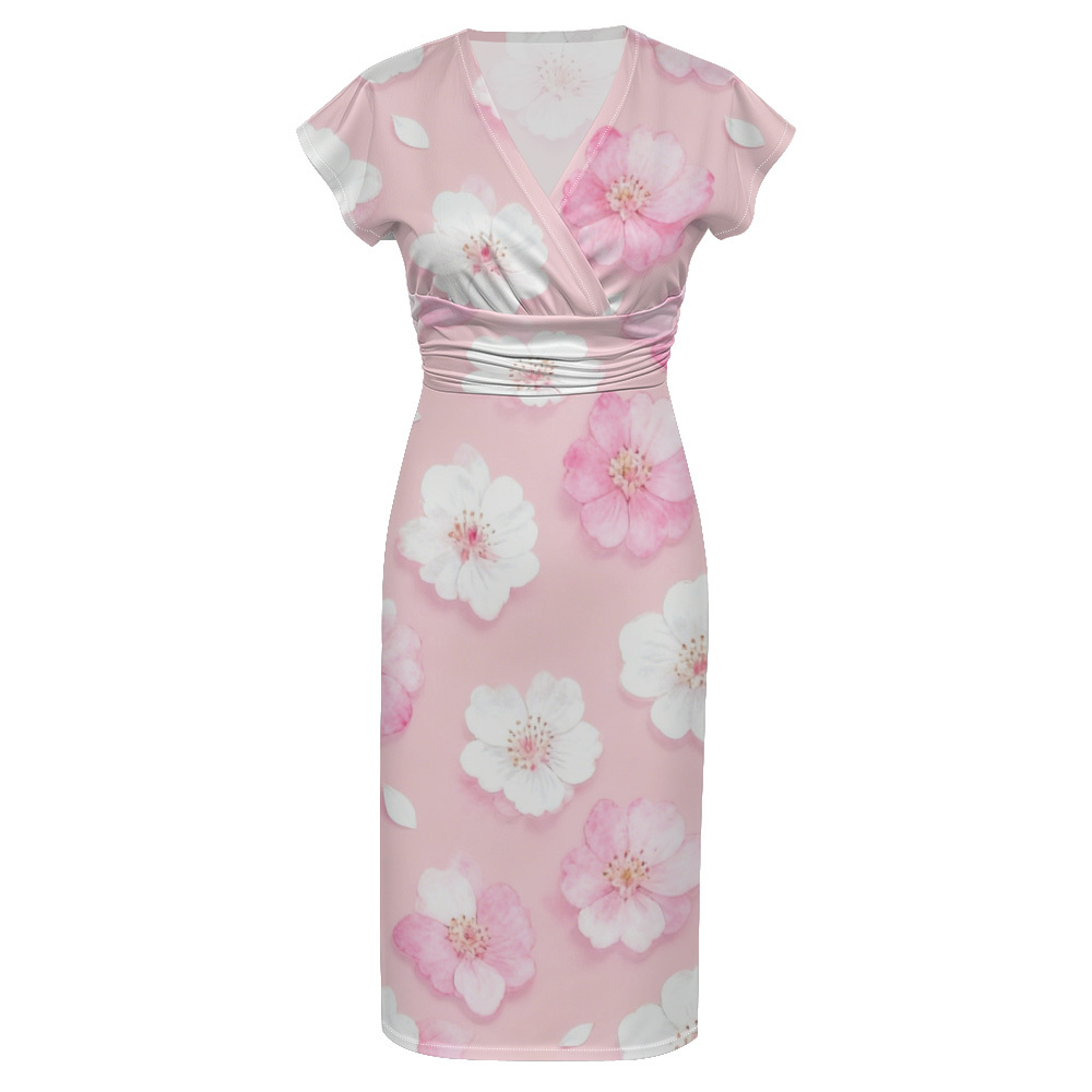 Pink Floral Cap Sleeve V-Neck Midi Dress HMQX364